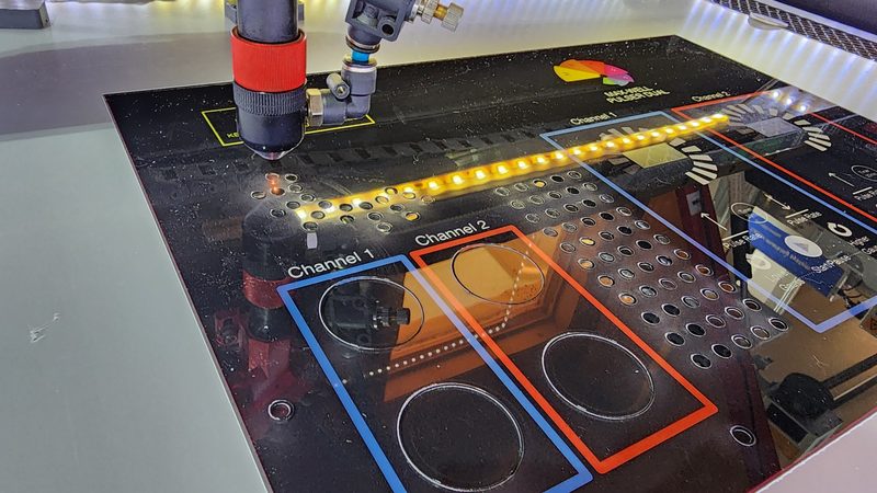 Engraved acrylic panels lit along the edge by coloured LED light