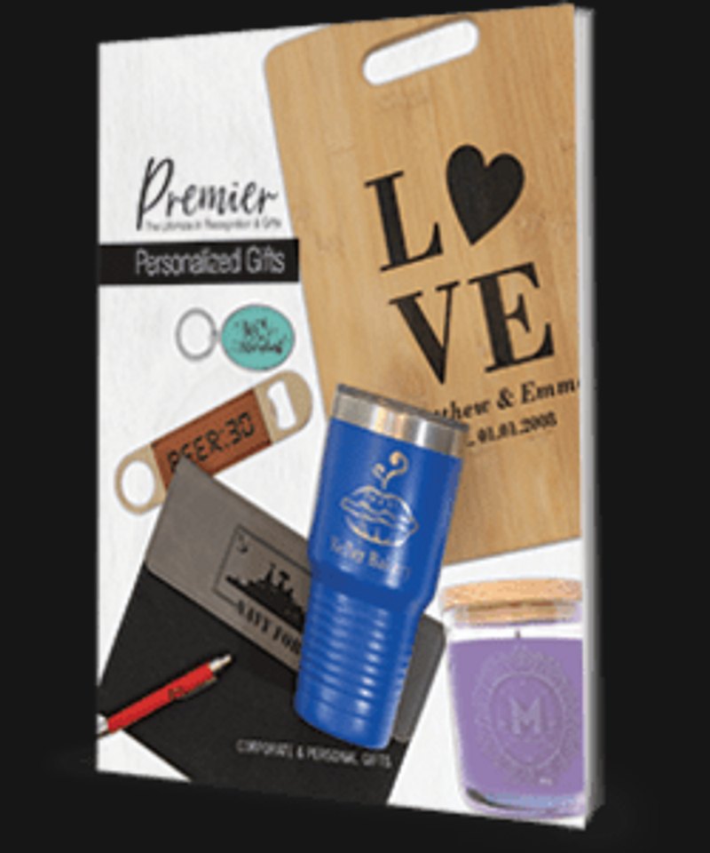 Personalized gifts catalog cover with engraved boards and keepsakes