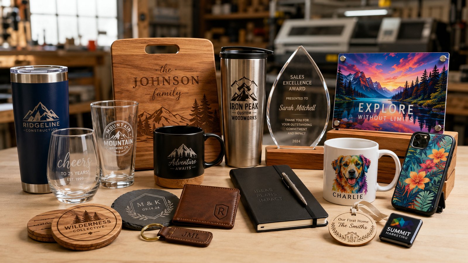 Display of engraved tumblers, coasters, flasks and gift items