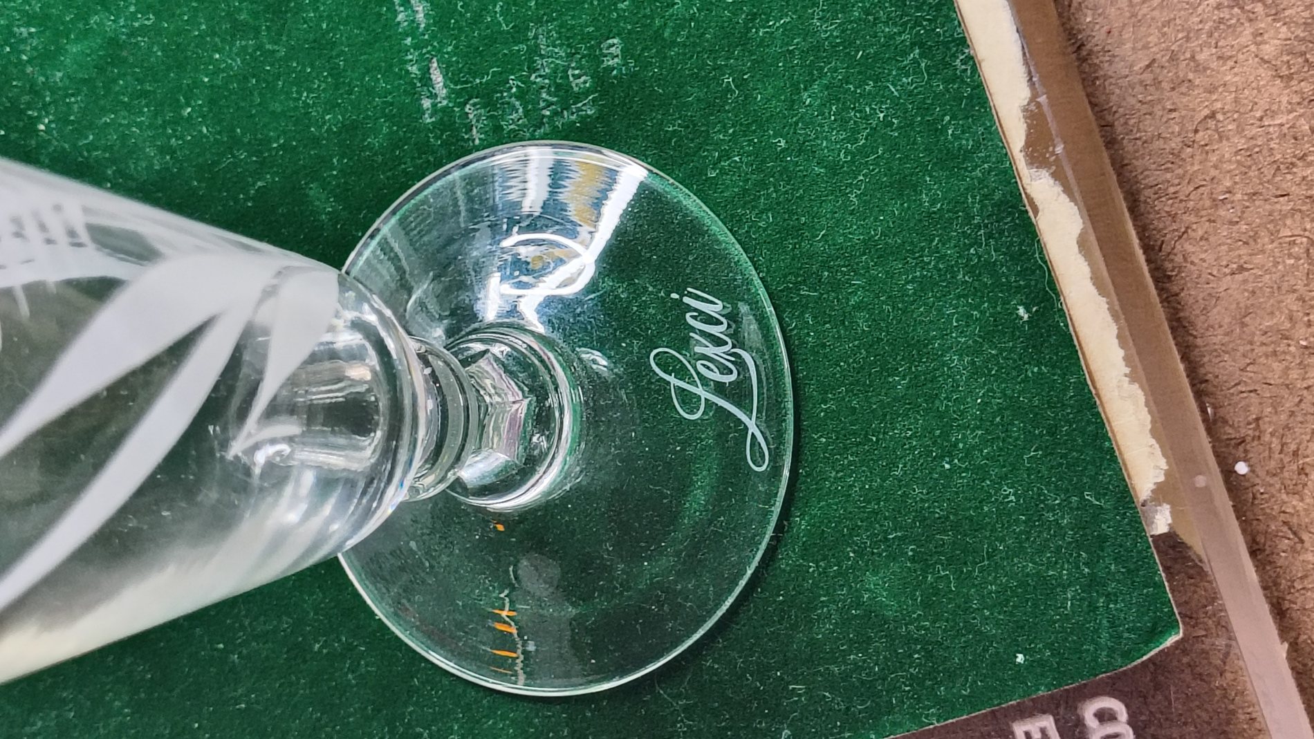 Wine glass etched with a personalized first name in frosted lettering