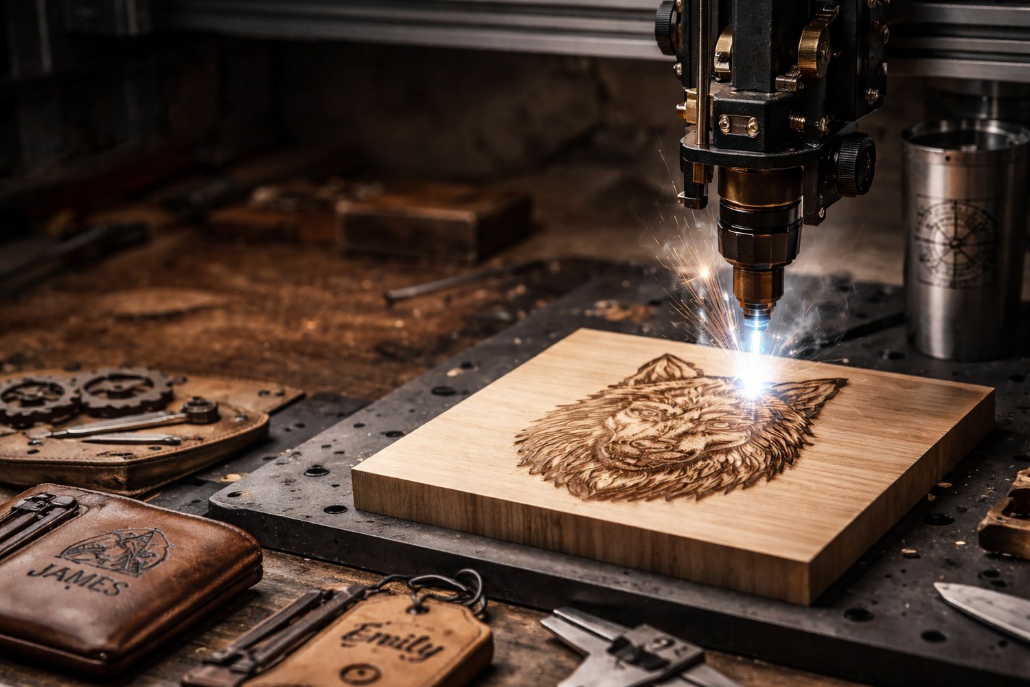 Detailed pattern being carved into a wood panel in the workshop