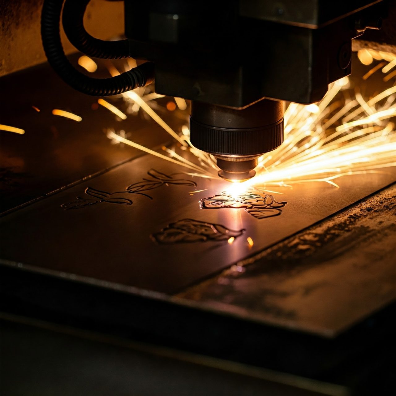 Laser head cutting a design into a wooden panel, sparks trailing from the beam