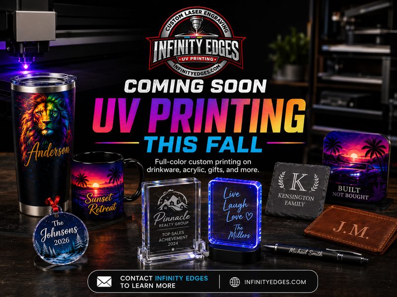 UV printing product examples: full-color tumblers, mugs, ornaments, awards and coasters