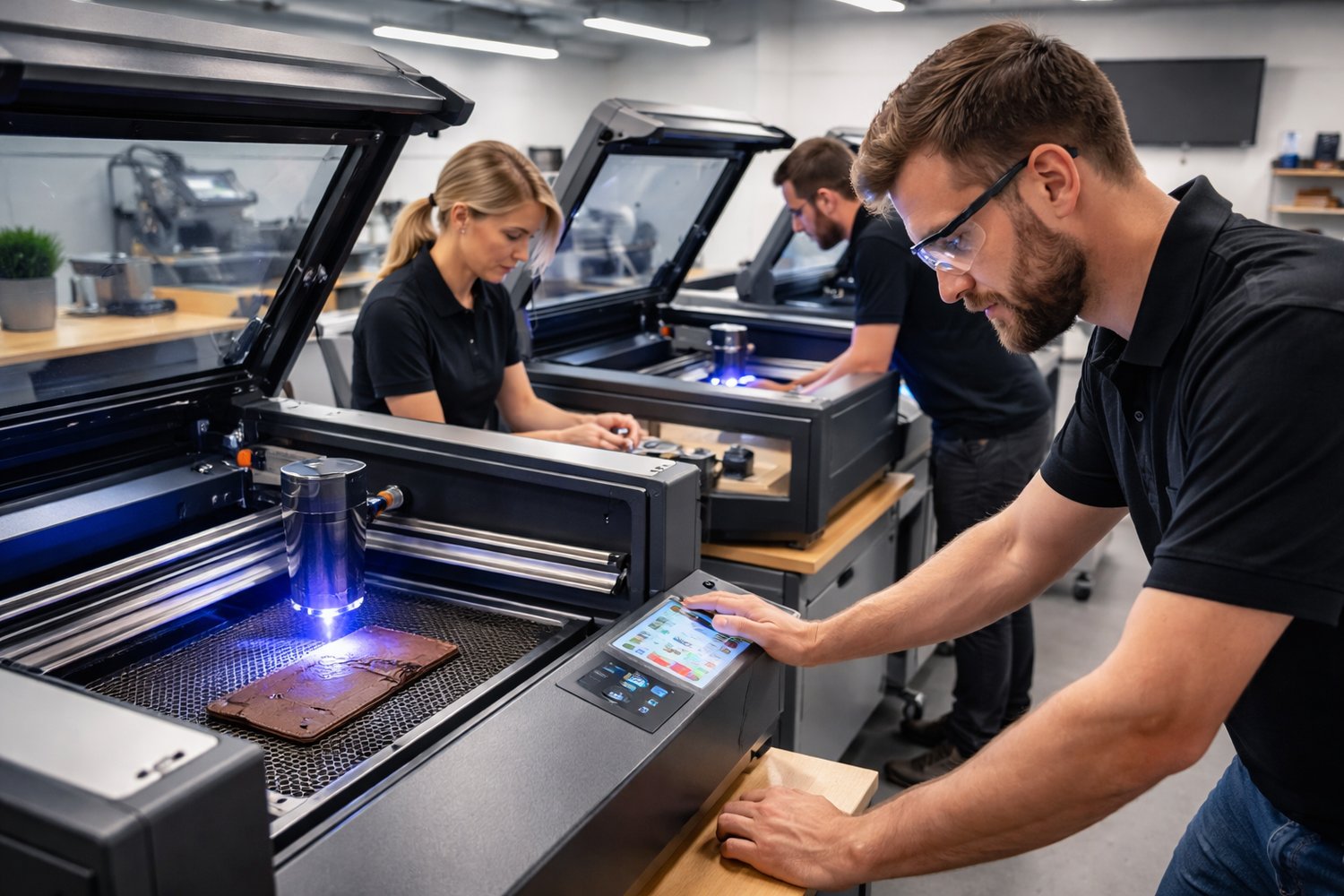 Two craftspeople operating a large laser engraving machine in the Infinity Edges workshop